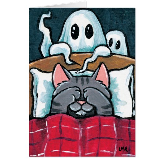 Scared of Ghosts Tabby Cat in Bed Illustration Cards (Front)