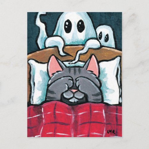 Scared of Ghosts Tabby Cat in Bed Illustration Postcard