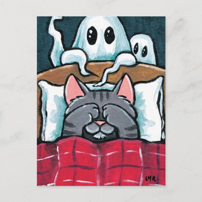 Scared of Ghosts Tabby Cat in Bed Illustration Postcard (Front)