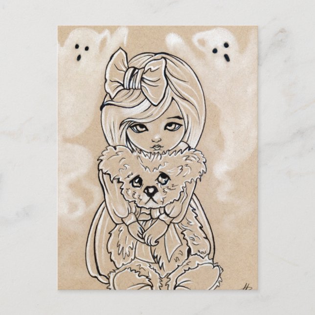 Scared teddy bears little girl halloween postcard (Front)