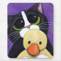 Scared Tuxedo Cat and Cuddly Duck Painting Mouse Pad