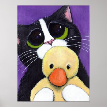 Scared Tuxedo Cat And Cuddly Duck Painting Poster by LisaMarieArt at Zazzle