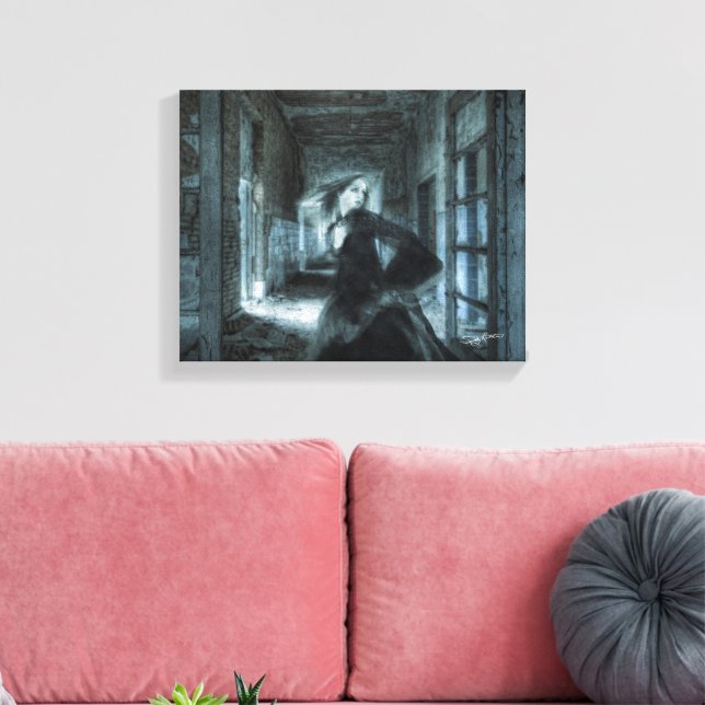 Scared Victorian Girl Ghost Running in Hallway Can Canvas Print (Insitu(LivingRoom))