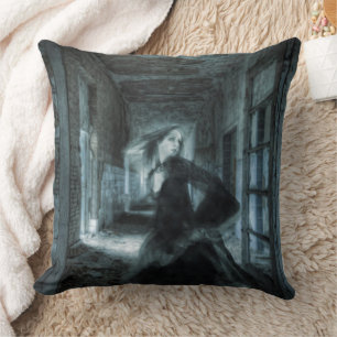 Scared Victorian Girl Ghost Running in Hallway Thr Throw Pillow