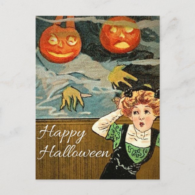 Scared Woman & Pumpkins Vintage Halloween Postcard (Front)