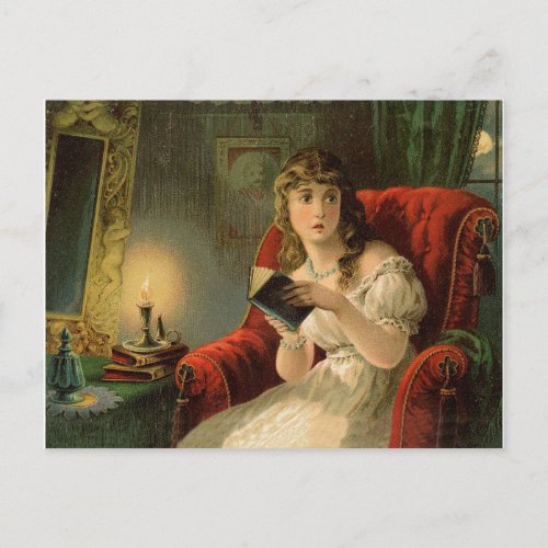 Scared young woman reading a book vintage holiday postcard