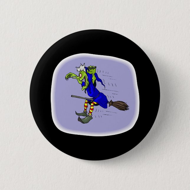 scarey witch on broom button (Front)