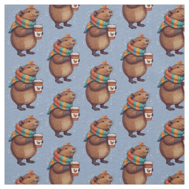 Scarf-Wearing Capybara Sipping Coffee Tee Fabric (Swatch)