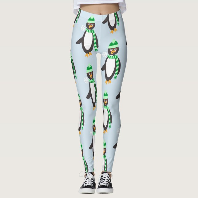 Scarf Wearing Penguin Cartoon Character Pattern Leggings (Front)