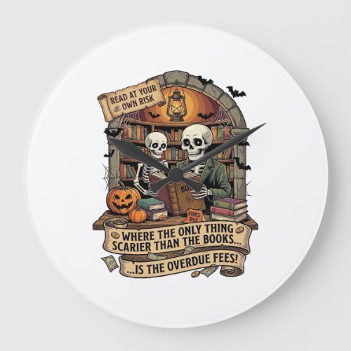 Scarier Than Books Overdue Fees Skeletons Pumpkins Large Clock