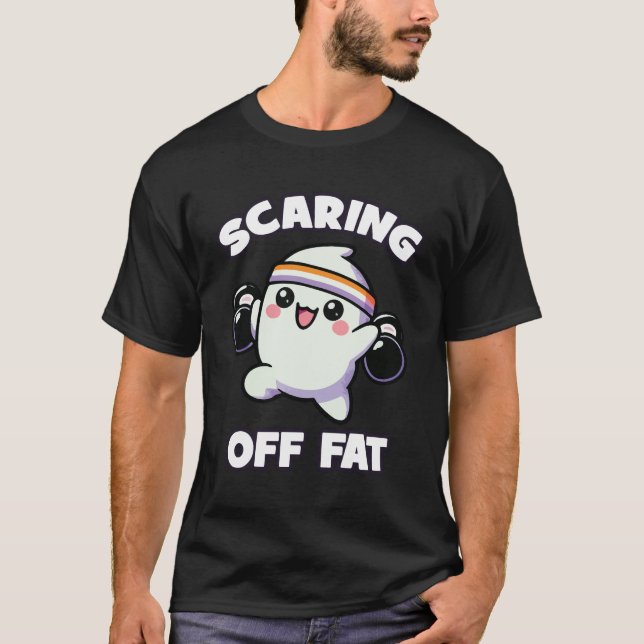 Scaring Off Fat, Funny Ghost Halloween Gym Workout T-Shirt (Front)