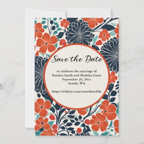Scarlet and Black Modern Floral Save the Date Invitation