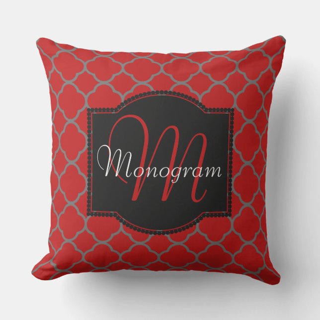 Scarlet and Gray Quatrefoil Design with Monogram Outdoor Pillow (Front)