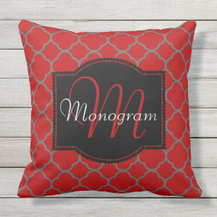 Scarlet and Gray Quatrefoil Design with Monogram Outdoor Pillow
