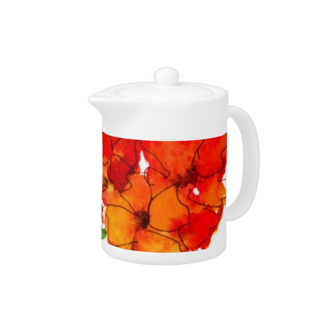 Scarlet and Orange Wallflowers on White Teapot (Right)