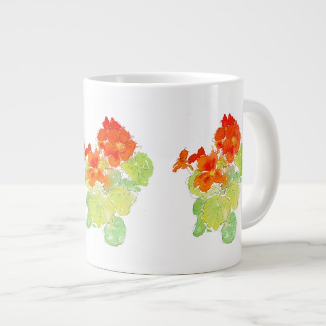 Scarlet and Orange Watercolour Nasturtiums Giant Coffee Mug (Front Right)