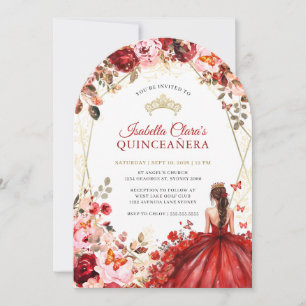 Scarlet Elegance Gold Enchanted Floral Quinceanera Invitation