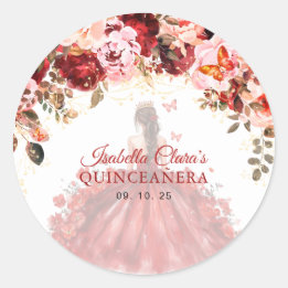 Scarlet Enchanted Floral Gold Princess Quinceanera Classic Round Sticker