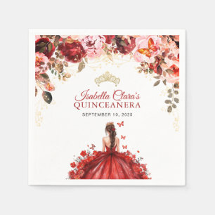 Scarlet Enchanted Floral Gold Princess Quinceanera Napkins