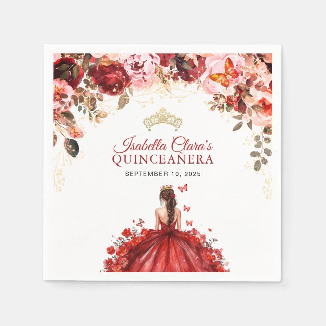 Scarlet Enchanted Floral Gold Princess Quinceanera Napkins (Front)