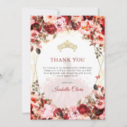 Scarlet Enchanted Floral Gold Princess Quinceanera Thank You Card