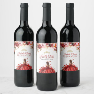 Scarlet Enchanted Floral Gold Princess Quinceanera Wine Label