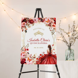 Scarlet Enchanted Floral Gold Quinceanera Welcome Foam Board