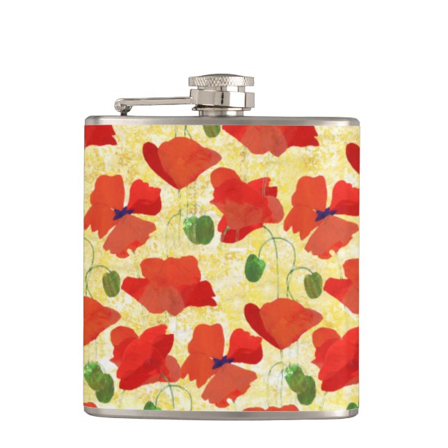Scarlet Field Poppies, Cornfield Yellow Hip Flask (Front)