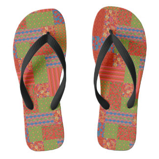 Scarlet Field Poppies Faux Patchwork Pattern Flip Flops