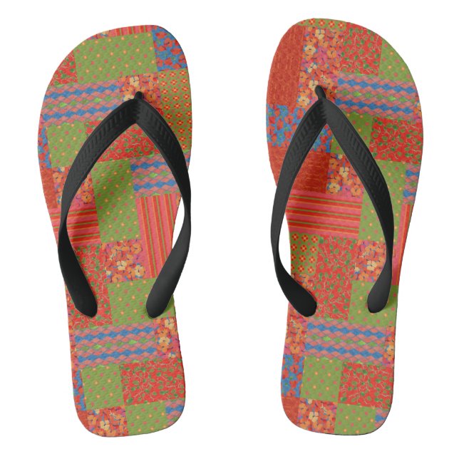 Scarlet Field Poppies Faux Patchwork Pattern Flip Flops (Footbed)