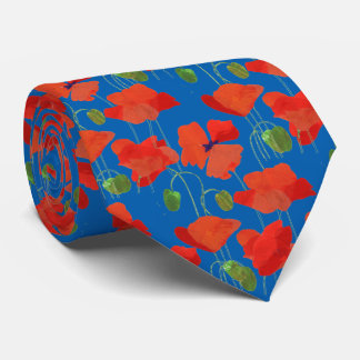Scarlet Field Poppies Floral Pattern on Royal Blue Tie
