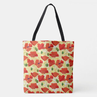 Scarlet Field Poppies Floral Pattern on Yellow Tote Bag
