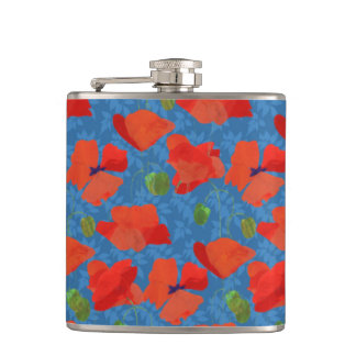 Scarlet Field Poppies on Blue Hip Flask