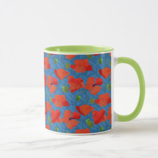 Scarlet Field Poppies on Blue Pattern Mug