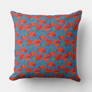 Scarlet Field Poppies on Blue Pillow or Cushion