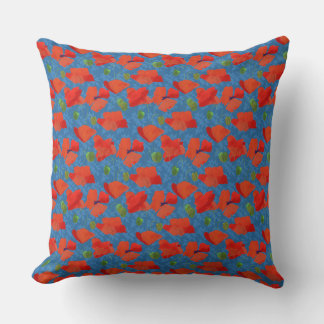 Scarlet Field Poppies on Blue Pillow or Cushion