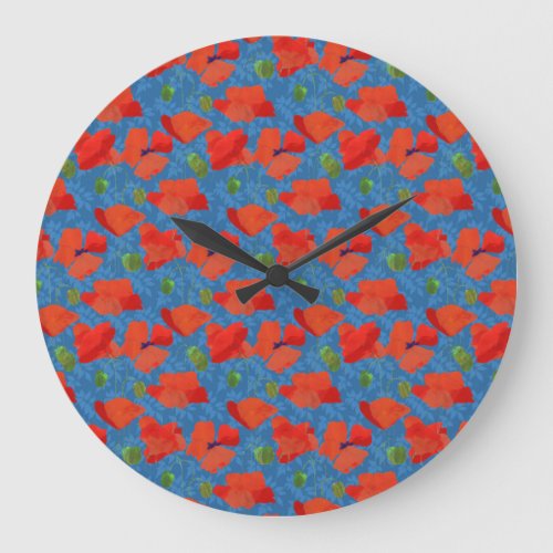 Scarlet Field Poppies on Blue Round Wall Clock