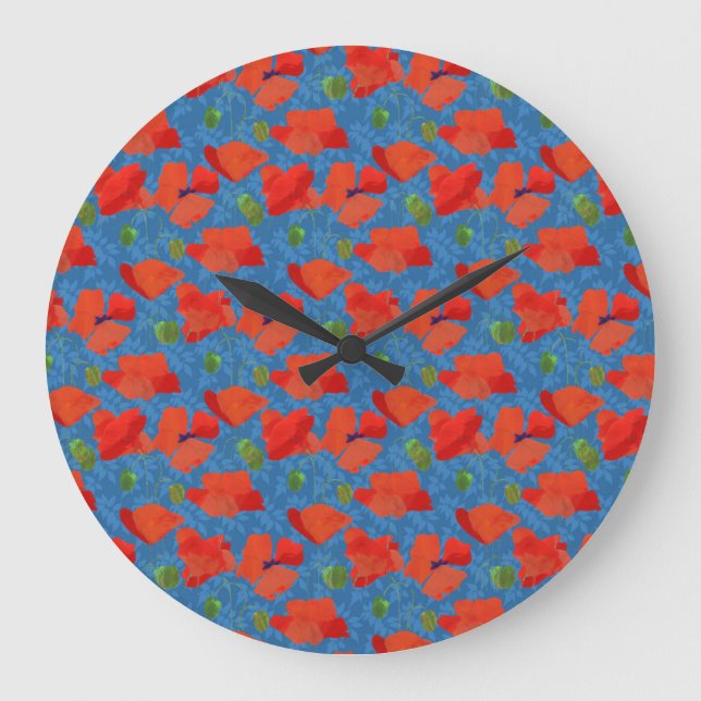Scarlet Field Poppies on Blue Round Wall Clock (Front)