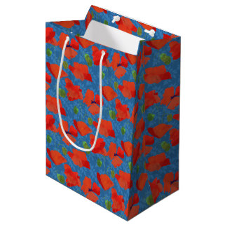 Scarlet Field Poppies on Leafy Blue Background Medium Gift Bag
