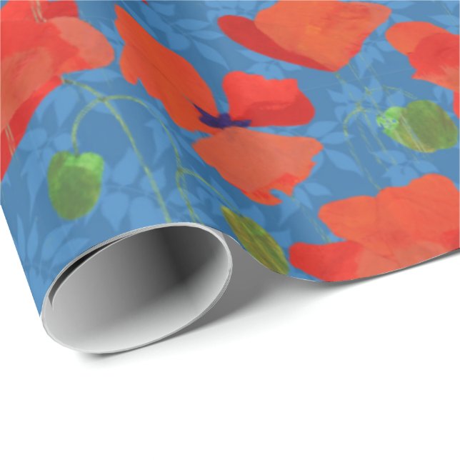Scarlet Field Poppies on Leafy Blue Background Wrapping Paper (Roll Corner)