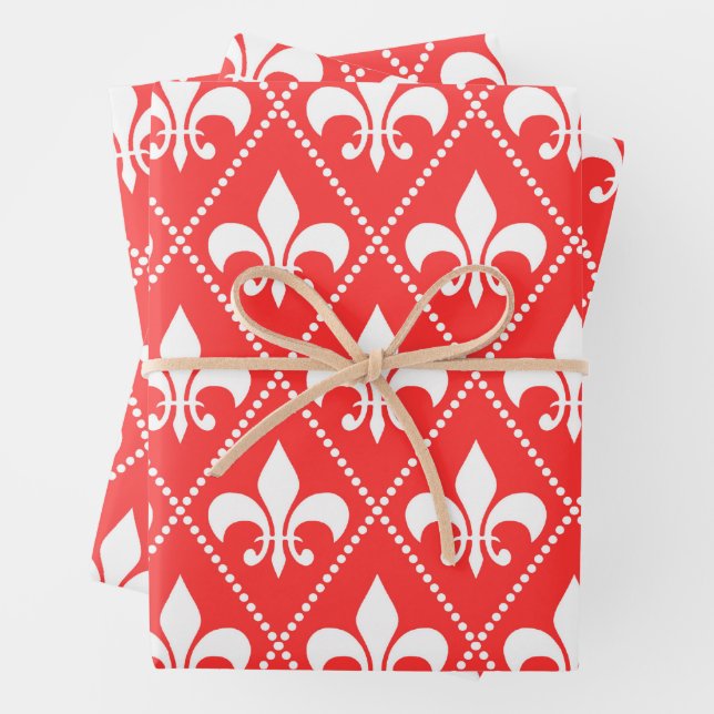 Scarlet Fleur de Lis Wrapping Paper Sheets (In situ)