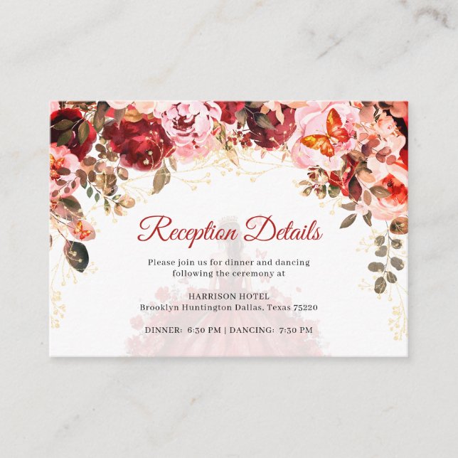 Scarlet Floral Quinceañera Reception Details Enclosure Card (Front)