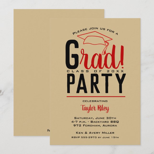 Scarlet Gold Black Graduation Party Invitations (Front/Back)