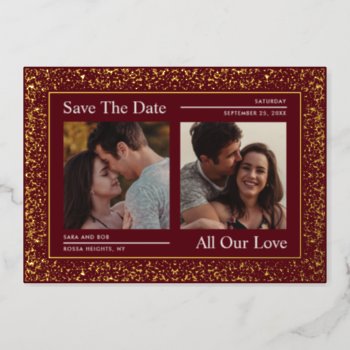Scarlet - Gold   Burgundy Photo Save The Date Card by girlygirlgraphics at Zazzle