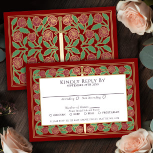 Scarlet Gold Floral Sword Royal Wedding RSVP Card