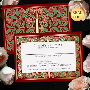 Scarlet Gold Floral Sword Royal Wedding RSVP Foil Invitation