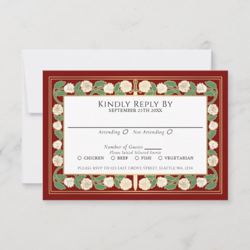 Scarlet Gold White Floral Sword Royal Wedding RSVP Card