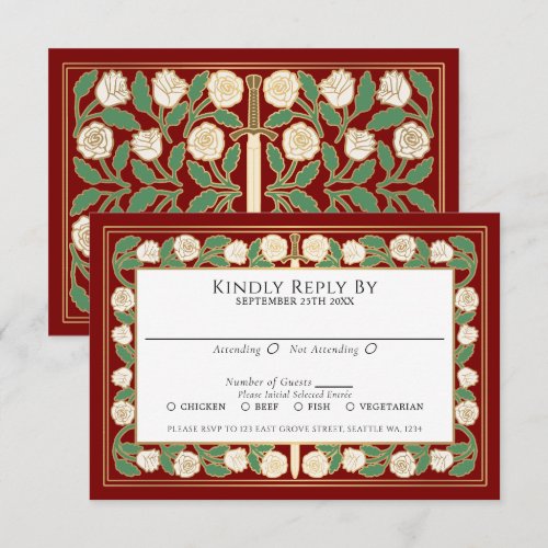 Scarlet Gold White Floral Sword Royal Wedding RSVP Card