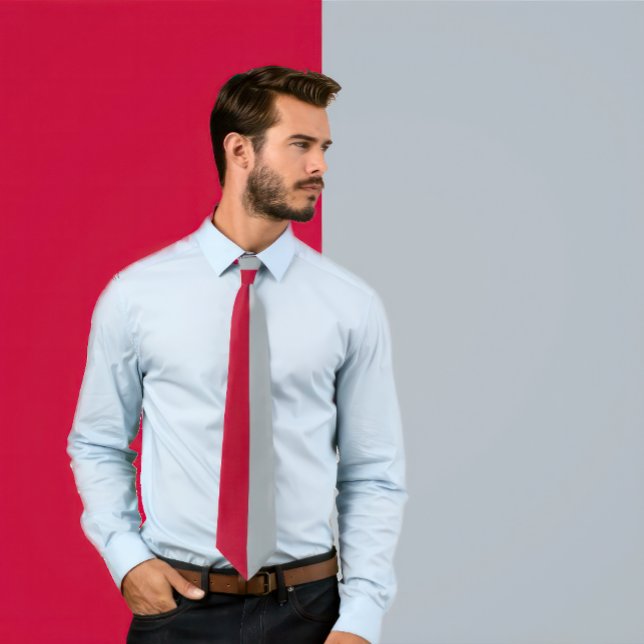Scarlet & Light Gray Split Color Neck Tie (Man wears a Scarlet & Light Gray Split Color Neck Tie)