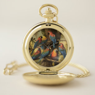 Scarlet Macaw Hidden Aviary Antique-Style Nature  Pocket Watch